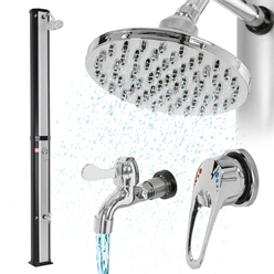 Douche solaire 35L, argent/noir, avec douchette à pied et pomme de douche pluie, en PVC et ABS chromé