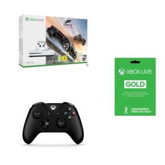 Pack Console Microsoft Xbox One S 1 To + Forza Horizon 3 + Manette Xbox One Sans fil Noir + Carte pré-payée Xbox Live Gold 3 Mois