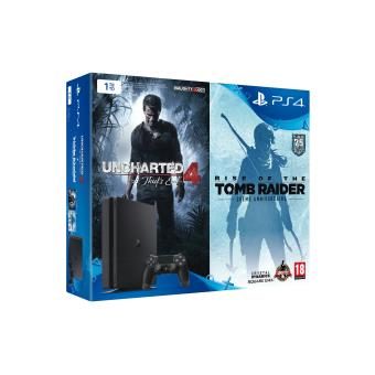 Pack Console Sony PS4 Slim 1 To Noir + Uncharted 4 A Thief’s End + Rise of The Tomb Raider Edition 20ème Anniversaire
