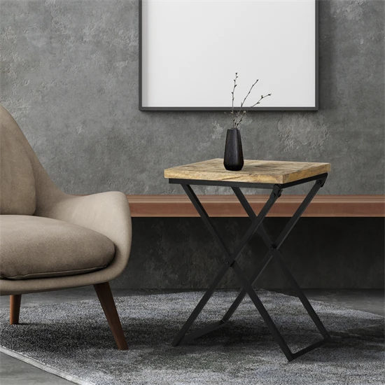 WOMO-DESIGN Table d’appoint moderne naturel/noir, 48x35x63 cm, en bois de manguier et métal thermolaqué