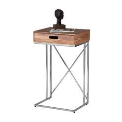 Table d’appoint WOMO-DESIGN avec tiroir naturel/argenté, 45x35x76 cm, bois de manguier massif et acier inoxydable