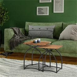 WOMO-DESIGN set de 2 tables d’appoint naturel/fer, 35×40 / 30×35 cm, bois de manguier et fer forgé