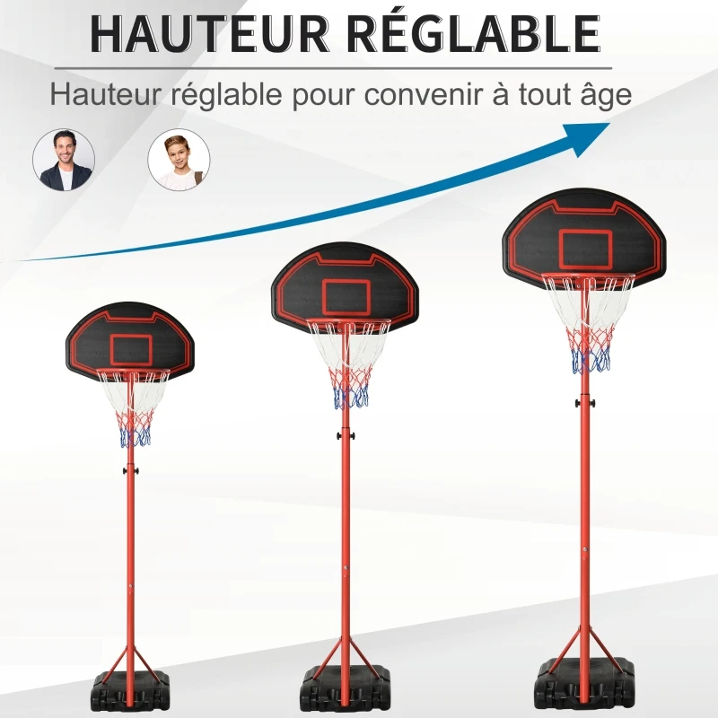 HOMCOM Panier de Basket-Ball sur pied avec poteau panneau, base de lestage sur roulettes hauteur réglable 193,5 – 248,5 cm rouge noir