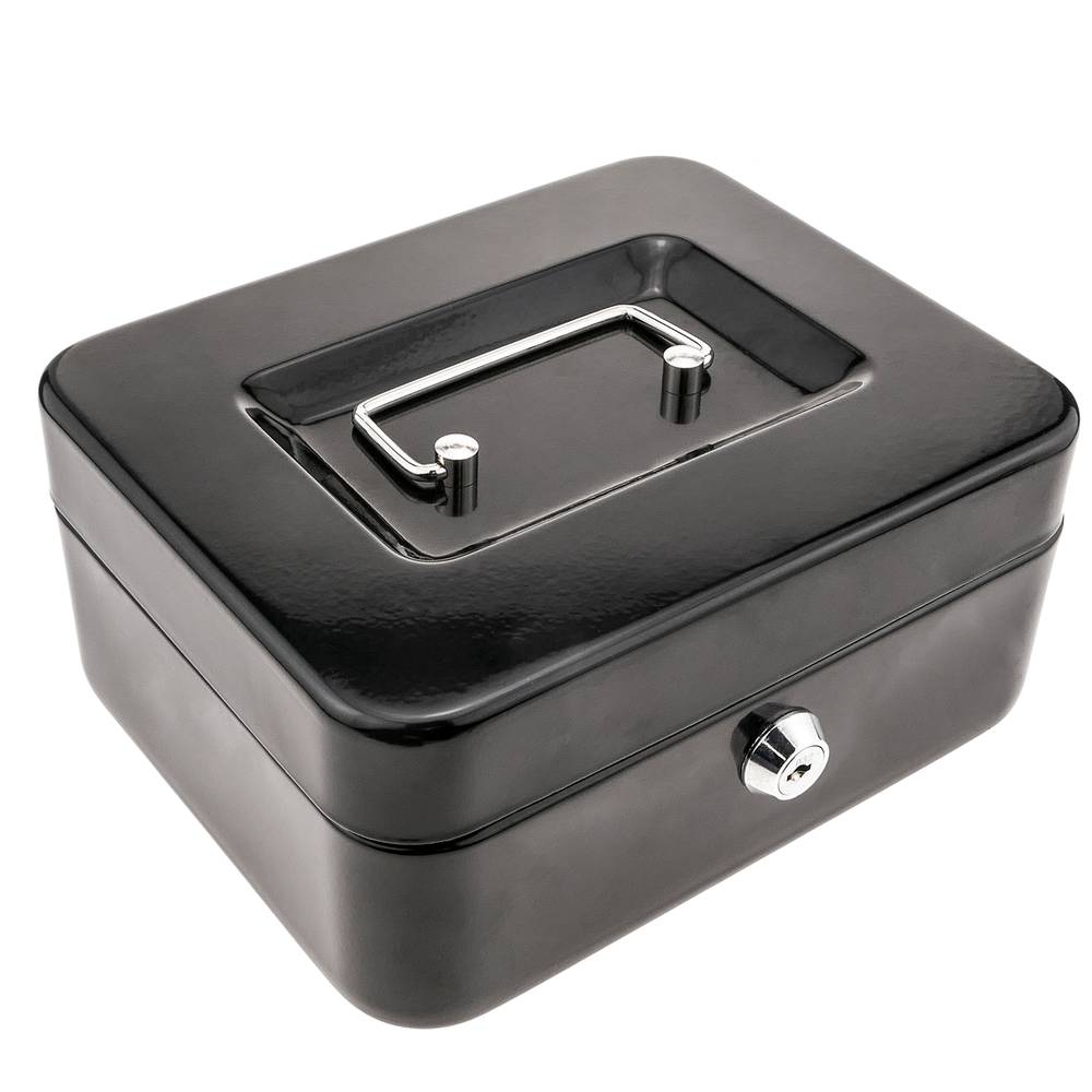 Coffre-fort portable pour stocker les factures et les pièces. Sûr en acier haute résistance, épaisseur et qualité. Idéal pour transporter et protéger l’argent dans les magasins, les bureaux, les bureaux, etc. Il peut également être utilisé comme bijoutier ou pour stocker de petits objets personnels de valeur. A l’extérieur il y a une poignée nickelée dans lehaut et serrure de sécurité sur le devant. Deux clés uniques sont fournies pour chaque boîte. À l’intérieur, il y a un séparateur et une trieuse en plastique noir. Les factures sont conservées dans la partie inférieure de la boîte. Les pièces sont stockées dans le bac à six compartiments. Taille extérieure (largeur x profondeur x hauteur): 150 x 117 x 80 mm.