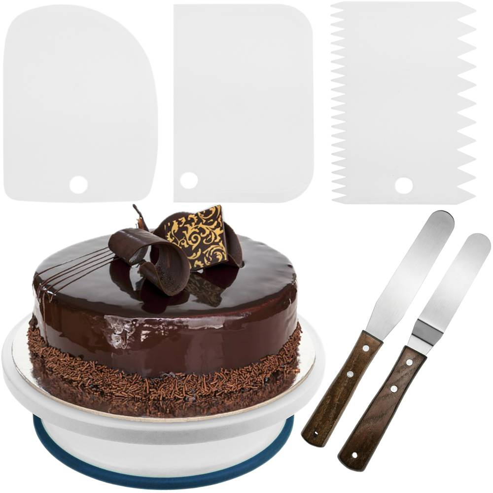 Plateau tournant pour gâteaux de 28 cm avec 5 spatules. Plate-forme rotative blanche