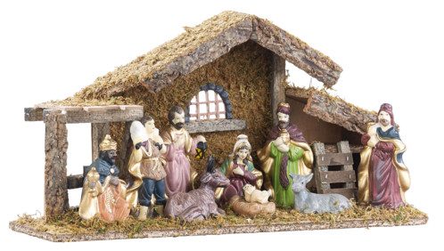 Crèche de Noël en bois avec figurines en porcelaine peintes à la main – Grande