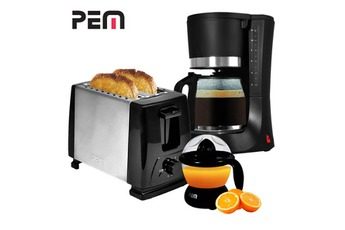 PEM PETIT DÉJEUNER – GRILLE-PAIN 2 FENTES + CAFETIÈRE 1,2L + PRESSE AGRUME 0,7L – PEM