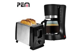 PEM PETIT DÉJEUNER – GRILLE PAIN 2 FENTES ALU-BROSSÉ + CAFÉTIÈRE NOIR/INOX 1,2L – PEM