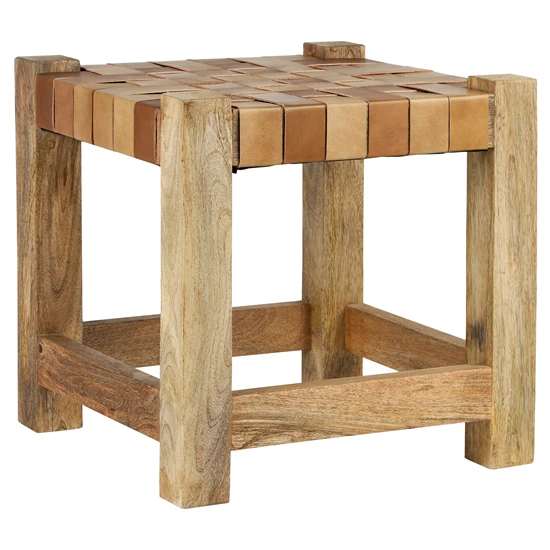 Tabouret 45×45 cm bois de manguier brun et cuir de buffle WOMO-Design