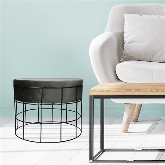 Tabouret design 43×33 cm rond avec housse en velours et cadre métallique gris foncé