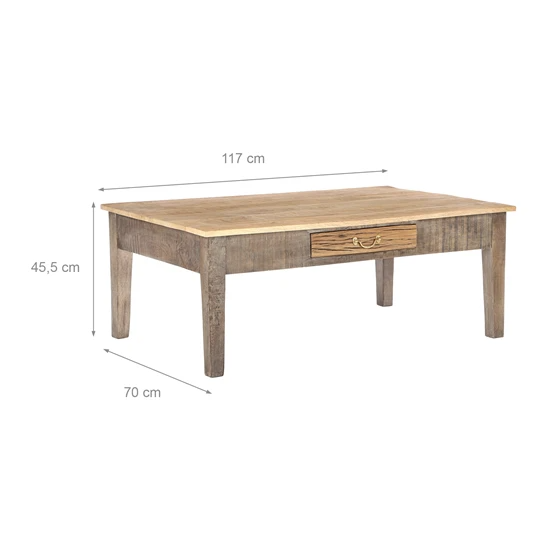 WOMO-DESIGN Table basse avec tiroir, 117×45,5×70 cm, bois de manguier massif