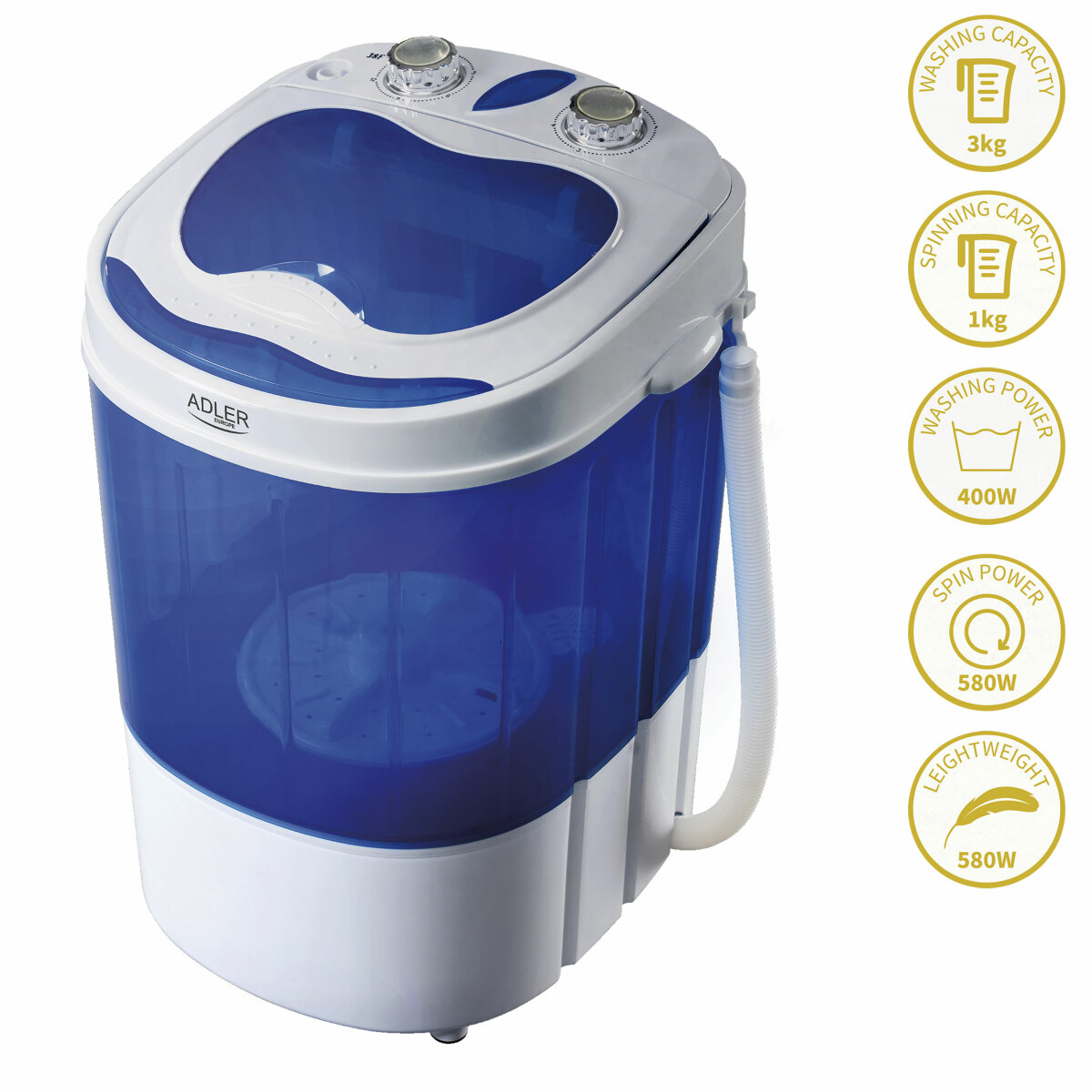 Portable Mini Machine à Laver Camping Caravane 3Kg Spin Sèche-linge Séchage, 150, Blanc/Bleu, Adler, AD8051