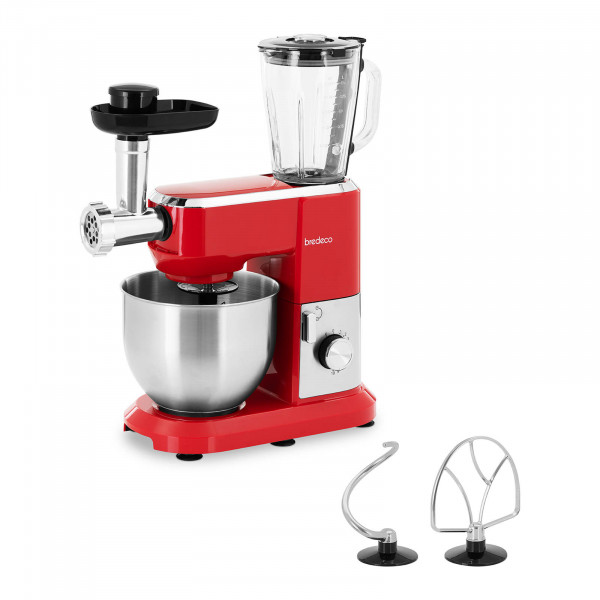 Robot pâtissier multifonction – Avec mixeur, hachoir à viande et accessoire trancheur – 1 300 W – Rouge