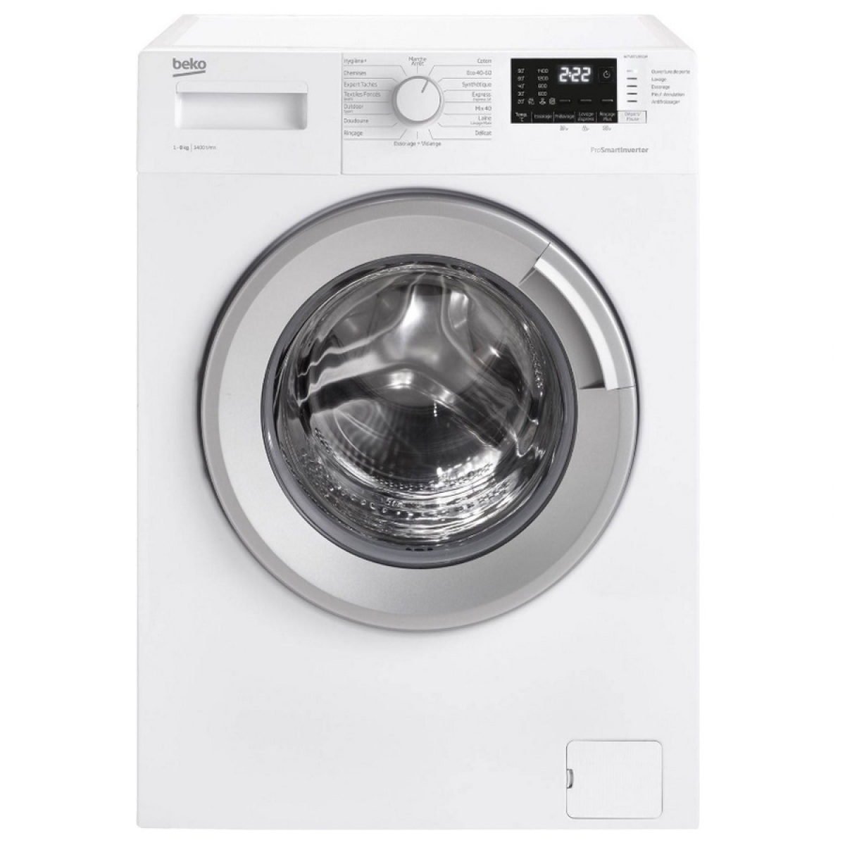 lave-linge hublot 8kg 1400 tours/min – WTV8712BS1W – Lave-linge hublot Beko WTV8712BS1W doté d’un moteur ProSmart Inverter. Ce moteur à induction est plus robuste et silencieux. Grâce à sa conception sans balais, les frottements et les échauffements sont réduits ce qui lui garantit une plus grande longévité, mais également une meilleure efficacité de lavage. Les parois anti-vibrations permettent d’améliorer la perception sonore en atténuant les vibrations et le bruit lors du fonctionnement du lave-linge. Le grand afficheur digital vous permet de connaître le temps restant avant la fin du cycle et de gérer le départ différé jusqu’à 19 heures. Ce programme est adapté aux doudounes et oreillers à plumes. Un essorage ajusté et de l’eau supplémentaire permettent à la lessive de bien pénétrer le linge et conservent leur gonflant. Ce système permet de vous protéger contre tout risque d’inondation. Il coupe automatiquement l’arrivée d’eau en cas de débordement. – Type de produit : Lave-linge frontal. Fonction séchage : Non. Type de chargement : Frontal. Capacité nominale programme Eco 40-60 (kg) : 8. IEE : 68.5. Classe d’efficacité énergétique : C. Indice d’efficacité de lavage : 1.04. Efficacité de rinçage (g/kg) : 4.9. Conso. d’énergie pondérée pour 100 cycles (kWh) : 62. Conso. d’énergie cycle lavage ”Eco 40-60” (kWh) : 0.623. Conso. d’eau pondérée par cycle (litres) : 41. Temp. max. (°C) à l’intérieur du textile traité (capacité nominale) : 41. Temp. max. (°C) à l’intérieur du textile traité (moitié) : 35. Temp. max. (°C) à l’intérieur du textile traité (quart) : 22.