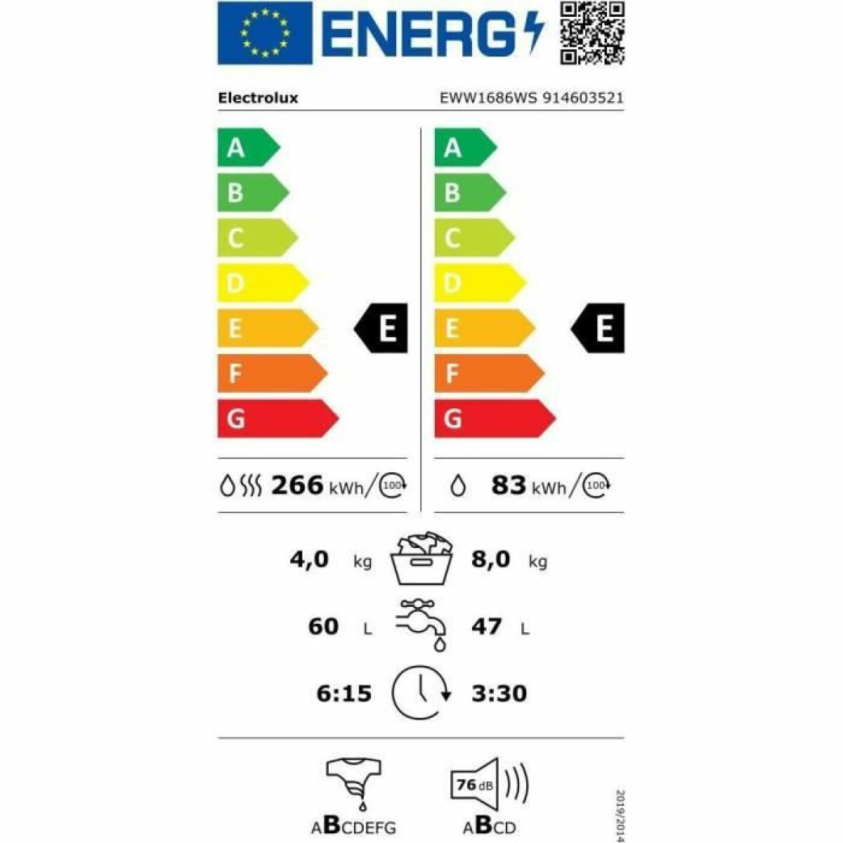 ELECTROLUX EWW1686WS – Lave linge séchant – lavage: 8kg / séchage: 4kg – 1600tr/min – Classe A