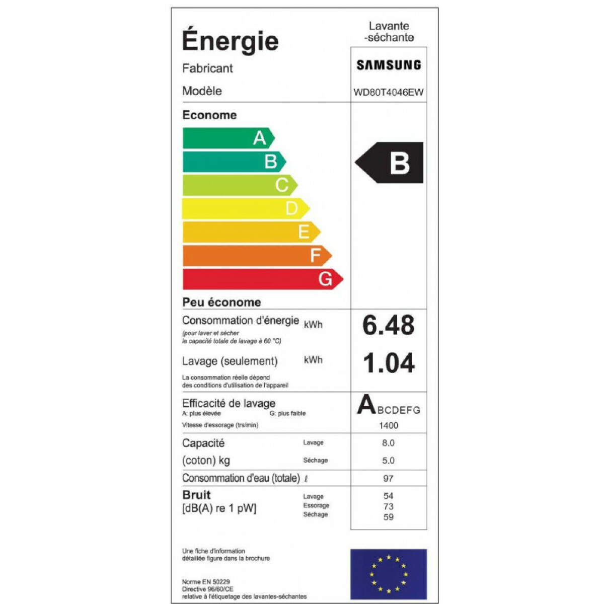 Lave-linge séchant hublot 8/5kg 1400 tours/min – wd80t4046ew – SAMSUNG