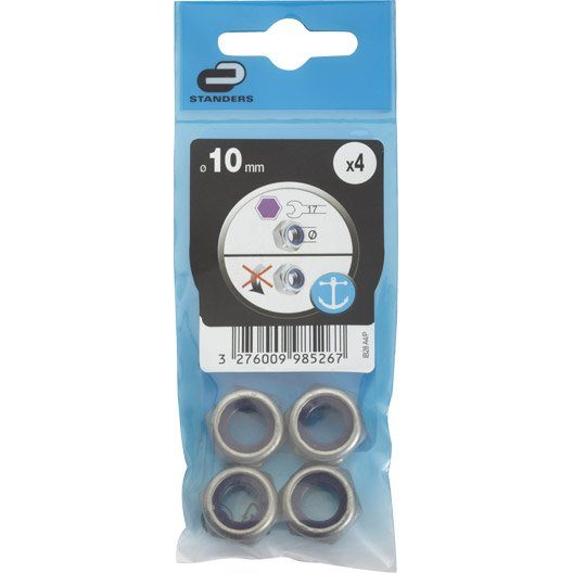 Lot de 4 ecrous indesserrable inox, Diam.10 mm STANDERS