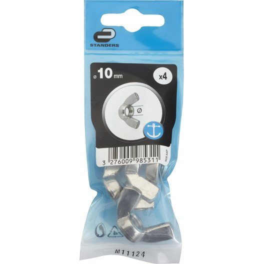 Lot de 4 ecrous oreilles inox, Diam.10 mm STANDERS