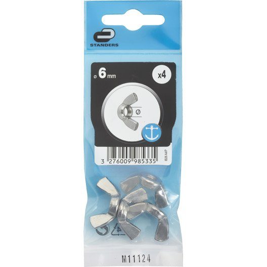 Lot de 4 ecrous oreilles inox, Diam.6 mm STANDERS