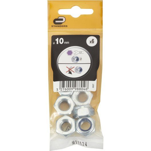 Lot de 6 ecrous indesserrable acier, Diam.10 mm STANDERS