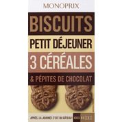 Biscuits petit déjeuner aux céréales et pépites de chocolat.