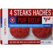 Steaks hachés, pur boeuf, 15% de mat. Gr. Surgelés