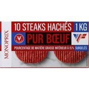 Steaks hachés, pur boeuf, 15% de mat. Gr. Surgelés