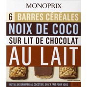 Barres céréalières chocolat au lait, noix de coco