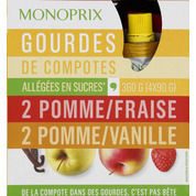 Compotes pomme fraise et pomme vanille, allégées en sucre