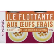 Iles flottantes aux oeufs frais, avec sachets de caramel