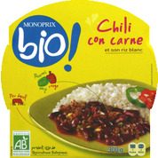 Chili con carne et riz blanc, certifié AB