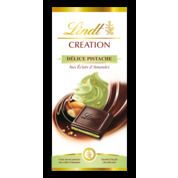 Chocolat noir extra-fin, fourré. Intérieur saveur pistache et éclats d’amandes