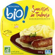 Saucisses de Toulouse, purée de pommes de terre bio