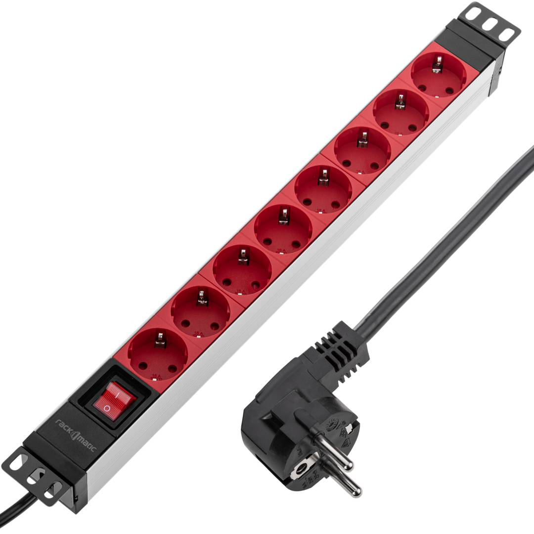 Barrette d’alimentation en PVC pour armoire rack 19″ 1U avec 8 Schuko rouges et interrupteur