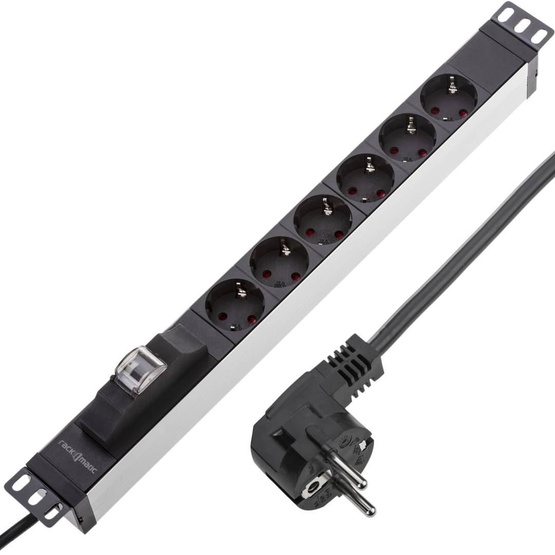 Barrette d’alimentation en PVC pour armoire rack 19″ 1U avec 6 prises Schuko noires, boîtier gris et interrupteur de type B