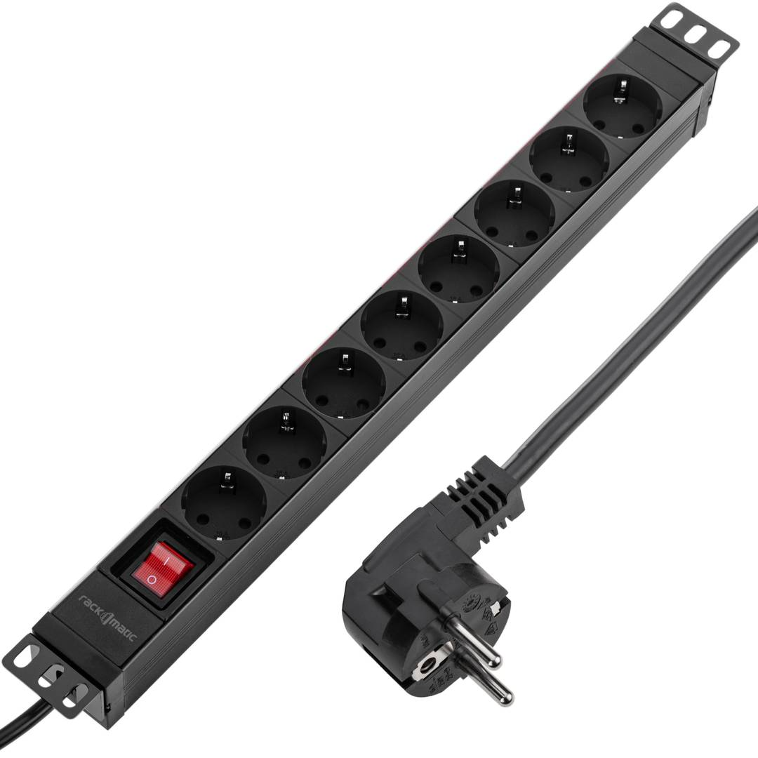 Barrette d’alimentation en PVC pour armoire rack 19″ 1U avec 8 prises Schuko noires, interrupteur et boîtier noir