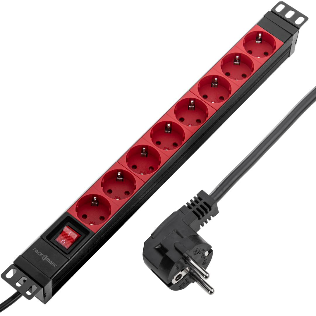 Barrette d’alimentation en PVC pour armoire rack 19″ 1U avec 8 prises Schuko rouges, interrupteur et boîtier noir