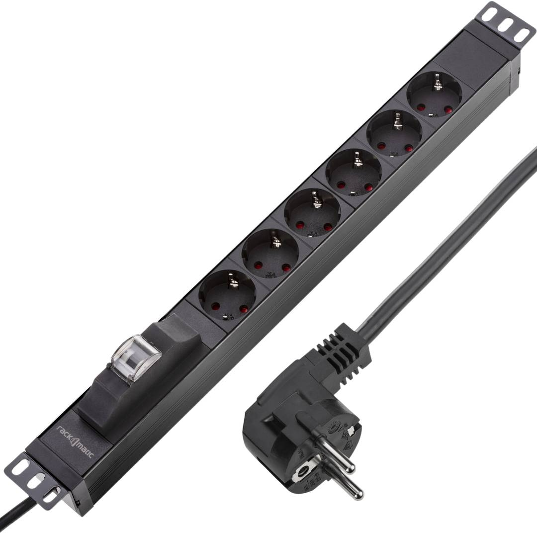 Barrette d’alimentation en PVC pour armoire rack 19″ 1U avec 6 Schuko et boîtier noir et interrupteur type B