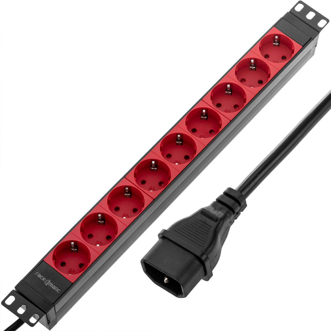 Barrette d’alimentation en PVC pour armoire rack 19″ 1U avec 9 connecteurs Schuko C14 rouges et boîtier noir