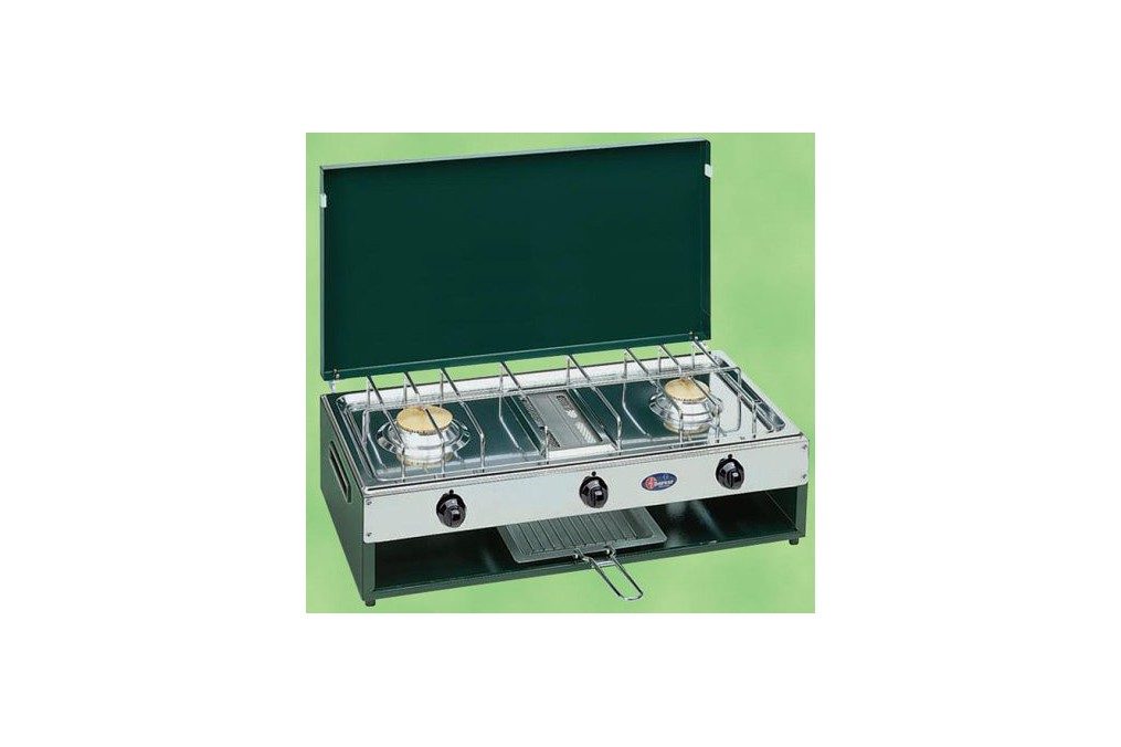 RÉCHAUD À GAZ INOX 2 FEUX + GRILL VERT PARKER