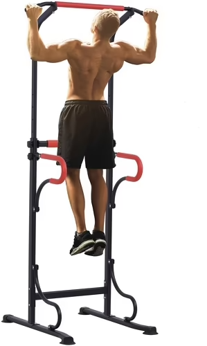 HOMCOM Station de musculation multifonctions barre de traction chaise romaine hauteur réglable acier noir rouge