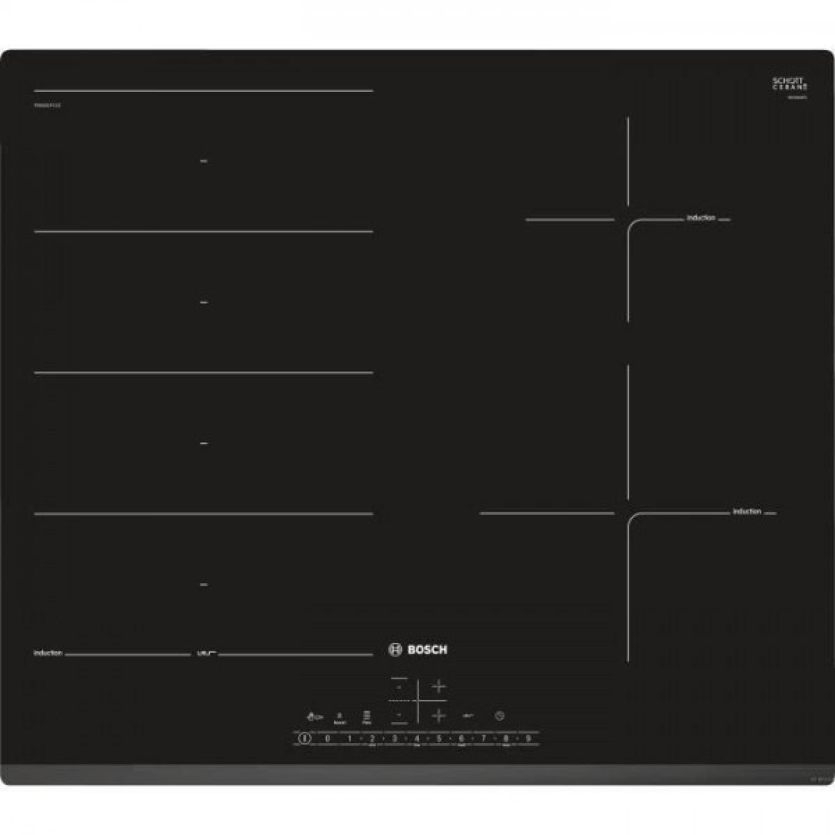 Table cuisson induction BOSCH – 4 zones – L 51 x P 52,2 cm – 7400 W – Revetement verre – Noir – PXE631FC1E