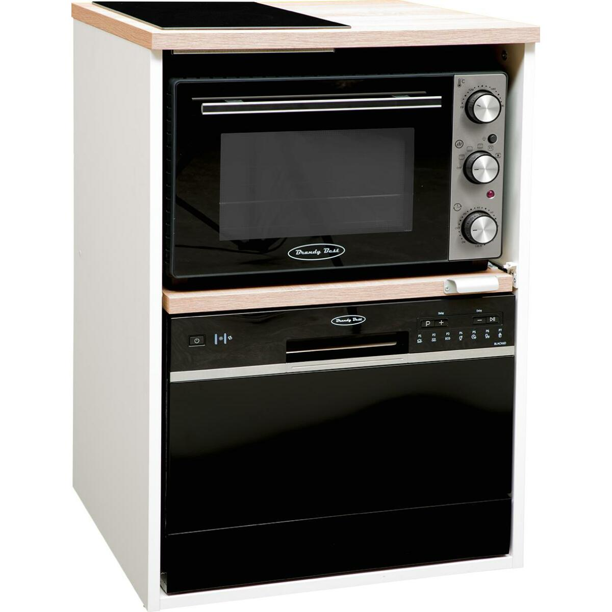 Trio chêne clair et blanc 60 cm, avec domino induction, four, lave-vaisselle noir