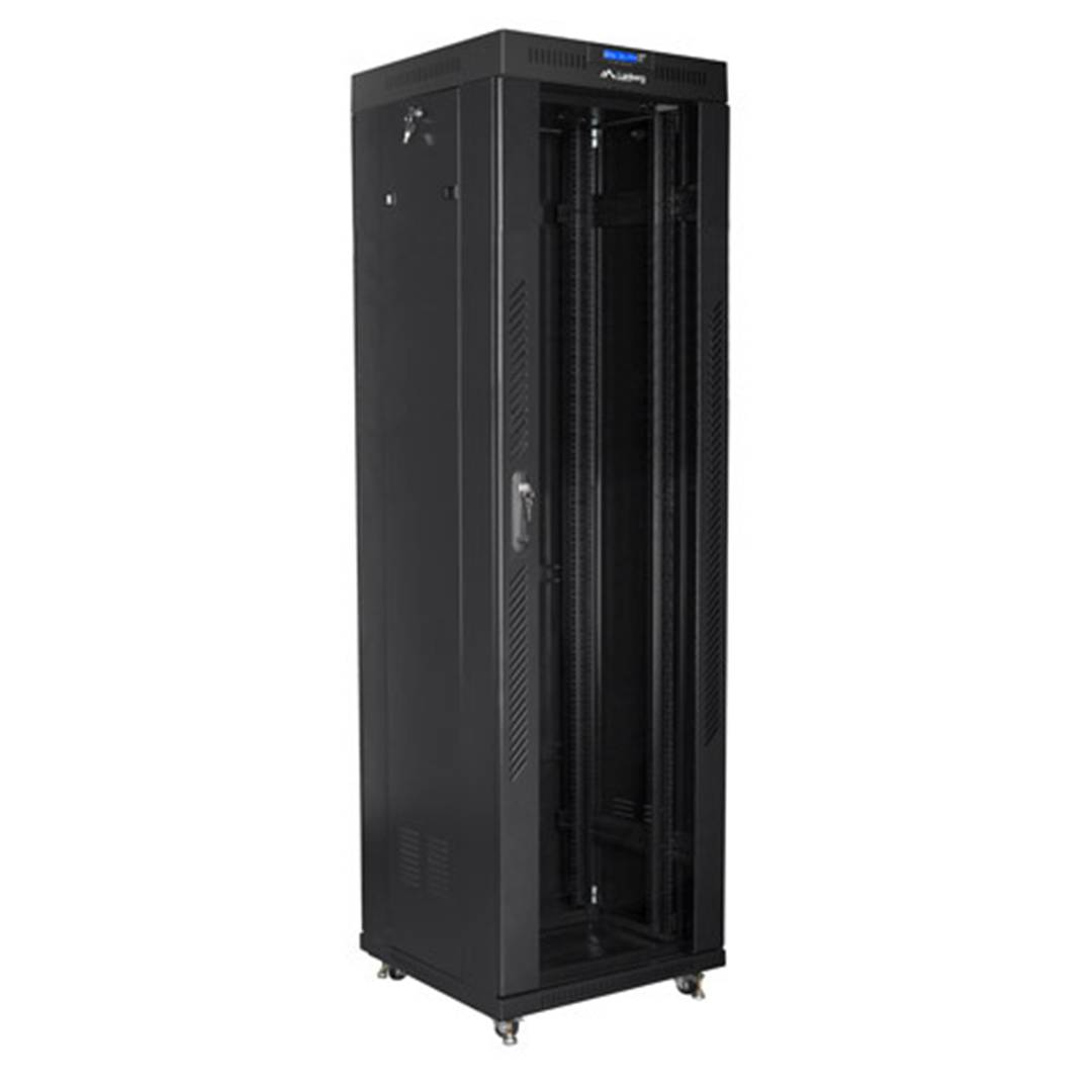 Armoire rack 19″ debout 42U Largeur 600 Profondeur 600 Porte en verre trempé et couleur noire RAL9004 Lanberg FF01-6642-12BL