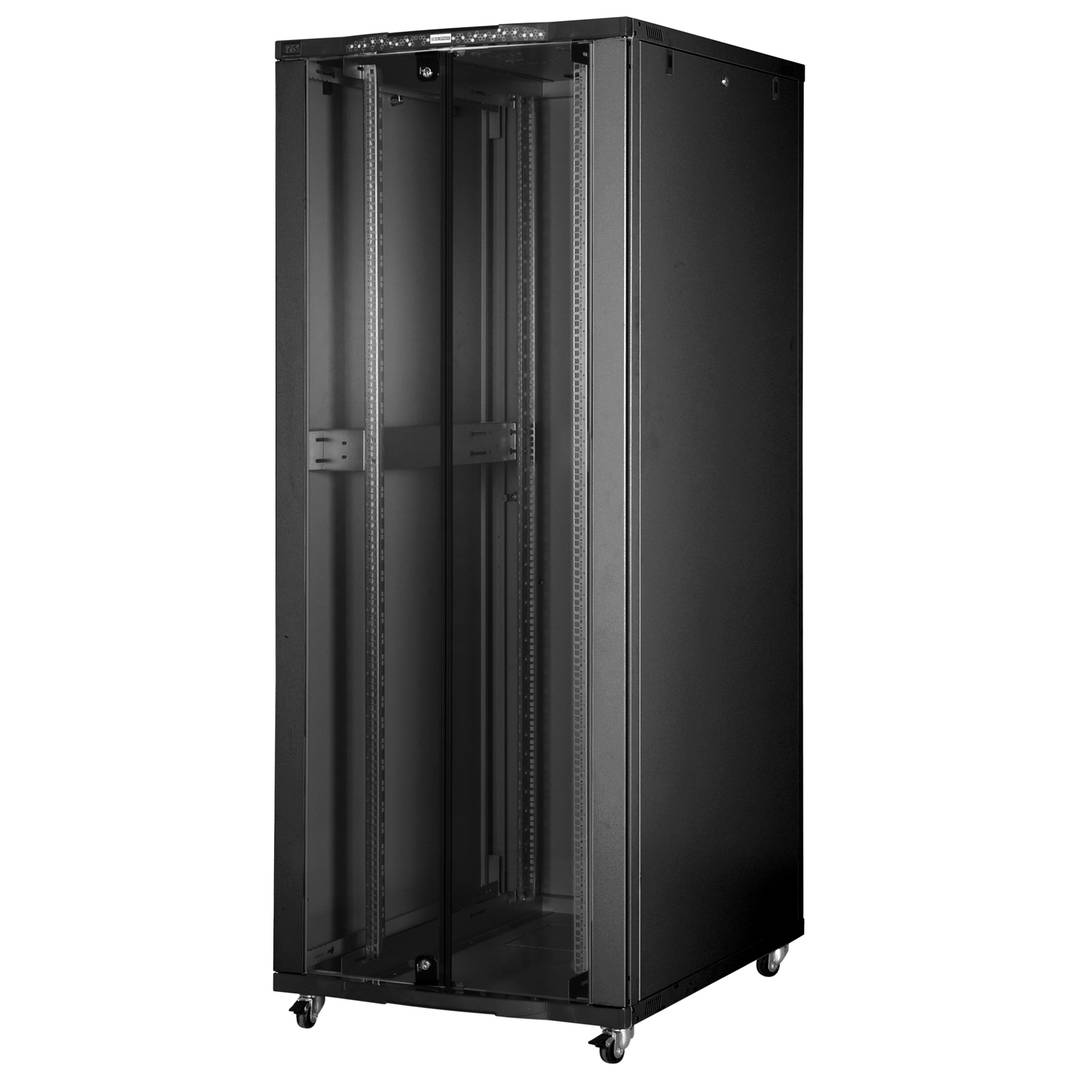 Armoire Rack 19″ Mobirack debout HQ 42U Largeur 800 Profondeur 1000 avec thermostat et porte vitrée noire